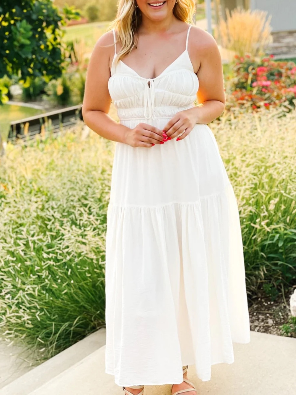 By the River Tiered Milkmaid Cottagecore Maxi Tank Dress White Sz L